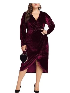 ESPRLIA Burgundy Velvet Faux Wrap Midi Dress Plus Size 22W Holiday Party